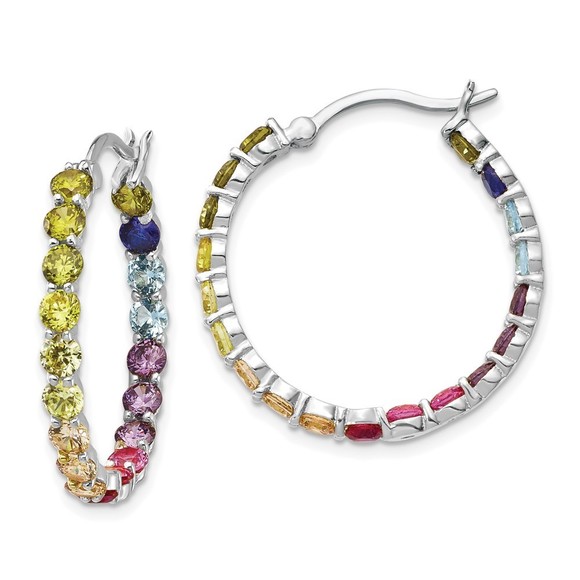 Prizma Sterling Silver Rhodium-plated In and Out 3mm Colorful CZ Hoop Earrings - Picture 1 of 4